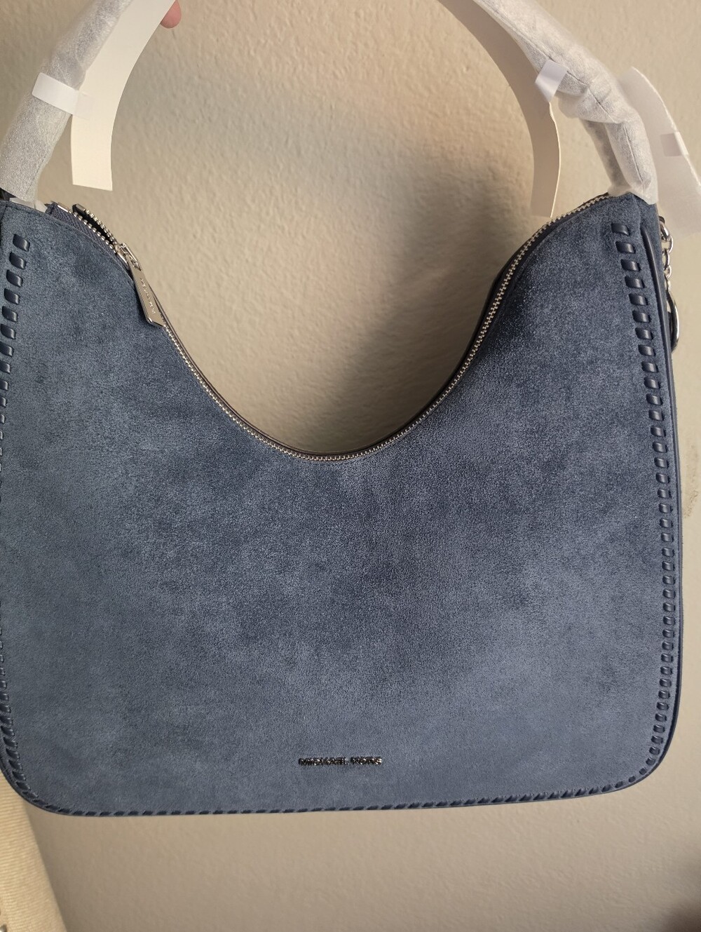 New Michael Kors Nayla Medium Suede Hobo Shoulder Bag Navy Blue And Silver